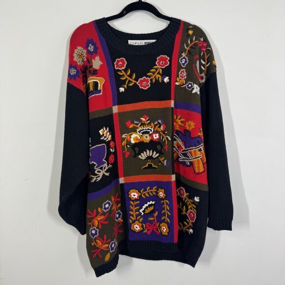Vintage Chaus Woman Black Multi Floral Graphic Oversized Knit Grandma Sweater - Picture 2 of 11